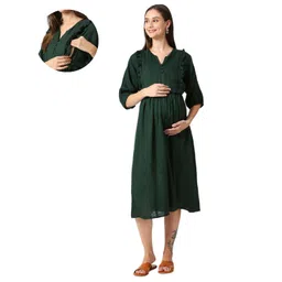 Mom for sure by Ketki Dalal Rayon Woven Three Fourth Sleeves Frill Detailed Dress With Side Seam Nursing Access - Green-picture-4