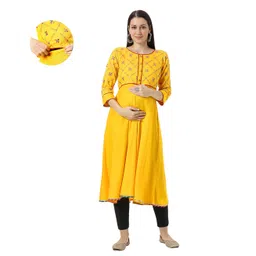 Mom for sure by Ketki Dalal Rayon Woven Three Fourth Sleeves Mirror & Thread Work Detailed Maternity Kurti With Horizontal Zipper Nursing Access - Yellow-picture-28
