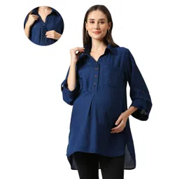 Mom for sure by Ketki Dalal Rayon Woven Three Fourth Sleeves Solid Maternity Top With Front Open Nursing Access - Navy Blue-picture-22