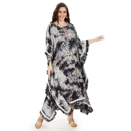 Mom for sure by Ketki Dalal Three Fourth Batwing Sleeves Abstract Crumple Tie & Dye Maternity & Nursing Kaftan Dress - Black-picture-5