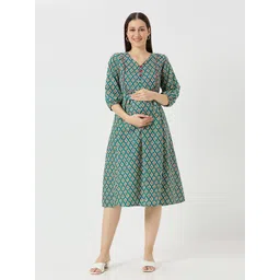 Mom For Sure by Ketki Dalal Women Ethnic Motifs Print Maternity A-Line Midi Dress-picture-36