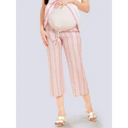 Mom For Sure by Ketki Dalal Women Pink Striped Relaxed Straight Fit High-Rise Easy Wash Maternity Culottes Trousers-picture-35