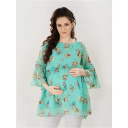 Mom For Sure by Ketki Dalal Women Sea Green Floral Print Georgette Longline Maternity Top-picture-37