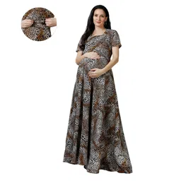 Mom for sure by Ketki Dalal Woven Half Sleeves Leopard Printed Maternity Dress With Side Zipper Nursing Access - Coffee Brown-picture-1