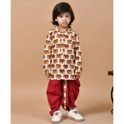 MoMaa Pure Cotton Full Sleeves Elephants Printed Dhoti Kurta Set - Cream & Maroon-picture-26