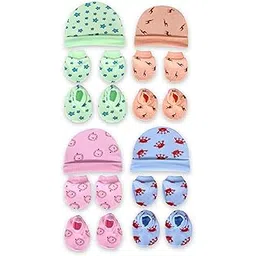 MOM'S DARLING Newborn Baby Cotton Cap, Mitten and Booties Combo Set | Infant Cap Set | Mittens Set | Bootie Set | Kids Gloves & Socks Set | Baby Gift Set | 0-12 Months | Pack of 4 Sets | Multicolor.-image-47