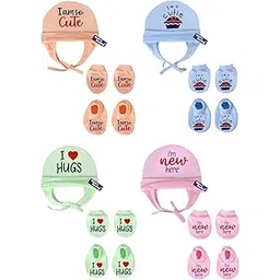 MOM'S DARLING Newborn Baby Cotton Cap, Mitten and Booties Combo Set | Infant Cap Set | Mittens Set | Bootie Set | Kids Gloves & Socks Set | Baby Gift Set | 0-6 Months | Pack of 4 Sets | Multicolor.-image-46