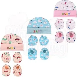 Newborn Baby Cotton Cap, Mitten and Booties Combo Set | Infant Cap Set | Mittens Set | Bootie Set | Kids Gloves & Socks Set | Baby Gift Set | 0-12 Months | Pack of 3 Sets - Multicolor.-image-44