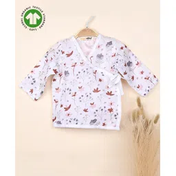 Mom's Home Muslin Organic Cotton Full Sleeves Leaves Printed Jhabla - White & Pink-picture-26