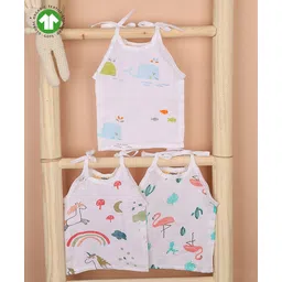 Mom's Home Muslin Organic Cotton Sleeveless Pack Of 3 Flamingo & Unicorn Printed Jhablas - White & Pink-picture-17