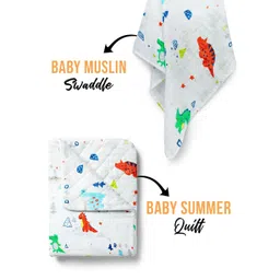 Moms Home Organic Cotton Soft Baby Muslin Swaddle & AC Quilt Combo Dinopark - 2 Items-picture-48