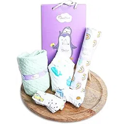 MOM'S HOME Organic Cotton Baby Bath Set | 5-Piece Towel & Swaddle Combo | Baby Shower Gift for Boys | 0-1 Year Essentials Hamper-picture-18