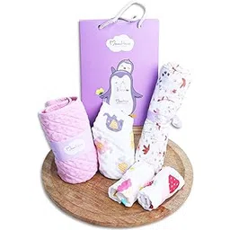 MOM'S HOME Organic Cotton Baby Bath Set | 5 - Piece Towel & Swaddle Combo | Baby Shower Gift for Girls | 0-1 Year Essentials Hamper-picture-19