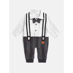 Moms Love Infant Boys Grey Melange & Black Cotton Striped Rompers with Suspenders Detail-picture-26