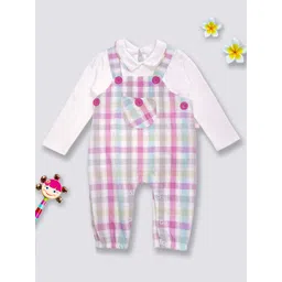Moms Love Infant Girls Pink & White Checked Cotton Dungaree with Top & Headband-picture-38
