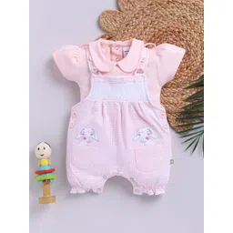 Moms Love Infant Girls Pure Cotton Applique Detail Dungaree With Solid T-Shirt-picture-35