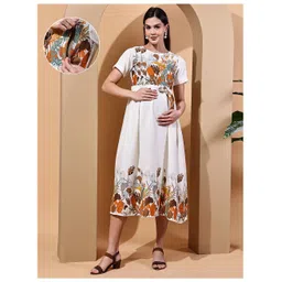 Moms Maternity Cotton Woven Half Sleeves Leaves Printed Maternity Dress With Concealed Front Zipper Nursing Access - Off White-picture-17