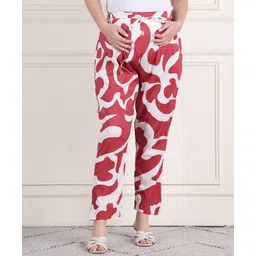 Moms Maternity Cotton Woven Mid Rise Abstract Printed Maternity Trousers - Red-picture-22