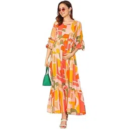 moms maternity Stylish Women's Pure Cotton All Over Graphic Printed Yellow & Orange Gown Kurti, Maternity Dress, and Feeding Dress – Comfortable and Elegant Maternity Wear for Women's-picture-48