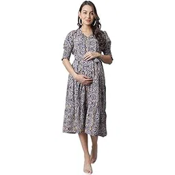 moms maternity Women's Half Smoking Sleevess with Elasticated Waist & Belt Maternity Midi Dress-picture-34