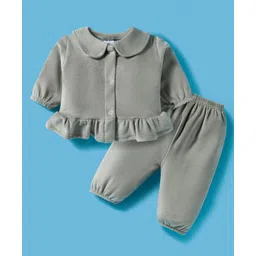 Mom's pet Cotton Spandex Knit Full Sleeves Solid Frill Detailed Winter Top & Pants Set - Grey-picture-28