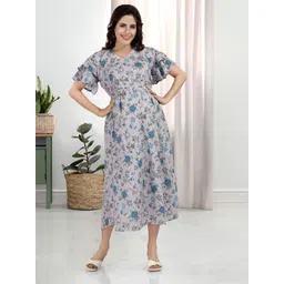 MomsBae Floral Printed Flutter Sleeves Maternity Fit and Flare Midi Dress-picture-22