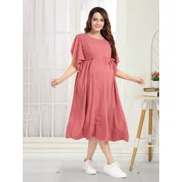 MomsBae Women Round Neck Flutter Sleeve Maternity A-Line Dress-picture-34