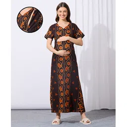 MomToBe Cotton Blend Half Sleeves Abstract Printed Maternity Nighty With Side Seem Nursing Access - Chocolate-picture-10