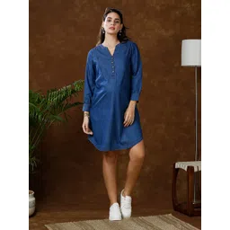 MomToBe Cuffed Sleeve Maternity Denim A-Line Dress-picture-14