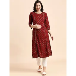 MomToBe Ethnic Motifs Printed Cotton Maternity A-Line KurtI-picture-35