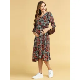 MomToBe Floral Printed V-Neck Puff Sleeves Wrap Midi Maternity Dress-picture-11