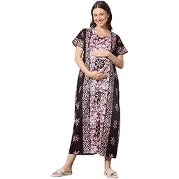 momtobe Women's Cotton Printed Feeding Maternity Nighty | Nursing Gown with zips on Both Sides-picture-16