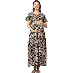 momtobe Women's Cotton Printed Feeding Maternity Nighty | Nursing Gown with zips on Both Sides-picture-18