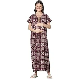 momtobe Women's Cotton Printed Feeding Maternity Nighty | Nursing Gown with zips on Both Sides-picture-39