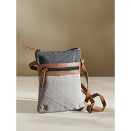 Mona B Women Grey & Tan Upcycled Canvas Crossbody Sling Bag-picture-16