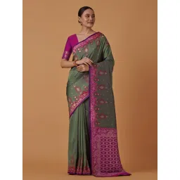Monjolika Fashion Dark Olive & Purple Banarasi Silk Zari Work Saree With Blouse-picture-14