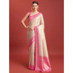 Monjolika Off White and Pink Kanjivaram Silk Zari Woven Saree with Blouse-picture-45