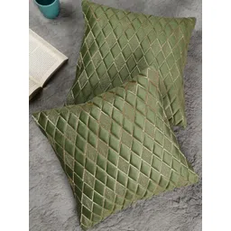 Green Color Diamond Shaped Embroidered Design, Set of 2 Pieces Velvet Cushion Cover-image-19