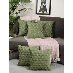 MONKDECOR Luxury Velvet Cushion Covers Set of 5 | Decorative Throw Pillow Covers 12x12 Inch | Handcrafted Sofa Cushion Cases for Living Room & Bedroom | Modern Home Decor | Feather Design Green Color-image-6