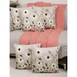 MONKDECOR Beige & Green Set of 5 Floral Linen Square Cushion Covers-picture-27