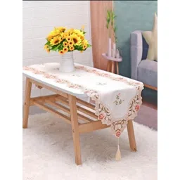 MONKDECOR Beige & Pink Laser Cut Embroidered TableRunner-picture-31