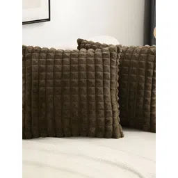 MONKDECOR Brown 2 Pieces Checked Velvet Square Cushion Covers-picture-11