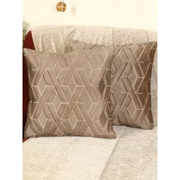 MONKDECOR Brown & Gold-Toned Set of 2 Geometric Velvet Square Cushion Covers-picture-25