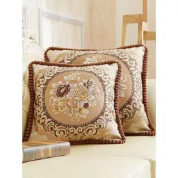 MONKDECOR Brown & White 2 Pieces Floral Embroidered Square Cushion Covers-picture-15