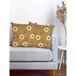 MONKDECOR Brown Set of 2 Floral Linen Square Cushion Covers-picture-22