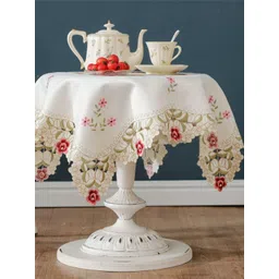 MONKDECOR Cream-Coloured Floral Round 4-Seater Table Cover with Embroidered details-picture-19