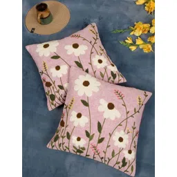 MONKDECOR Pack Of 2 Pink Floral Garden Linen Embroidered Square Cushion Cover-picture-38