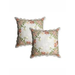 MONKDECOR Whit & Brown Set of 2 Floral Embroidered Square Cushion Covers-picture-26