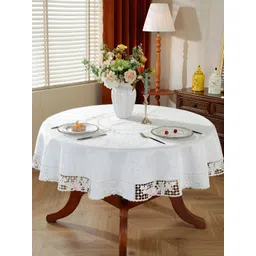 MONKDECOR White Floral Round 4-Seater Table Cover with Embroidered details-picture-29