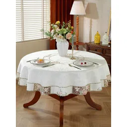 MONKDECOR White Floral Round 4-Seater Table Cover with Embroidered details-picture-22